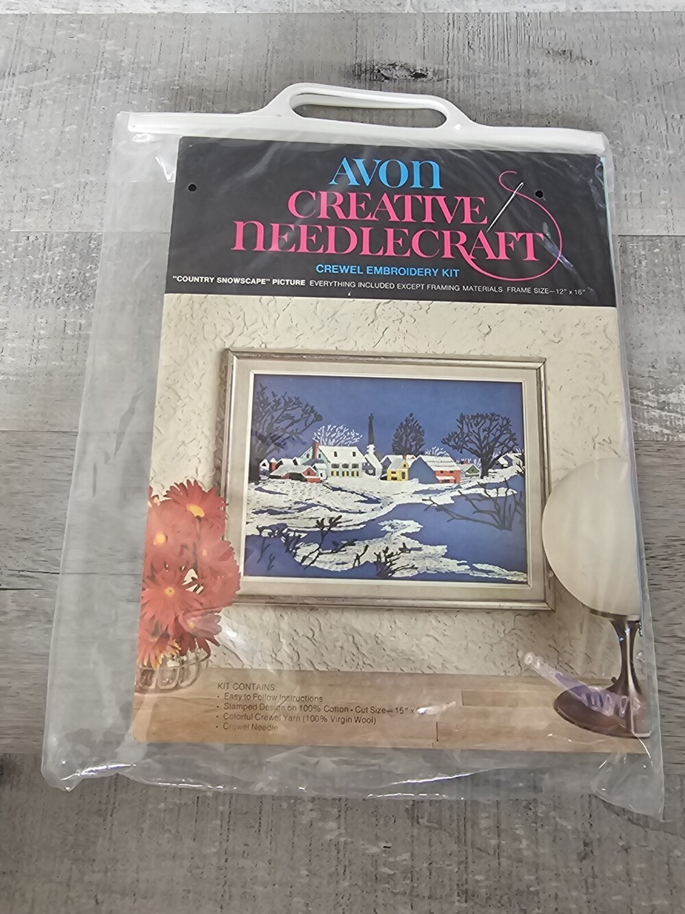 Vintage Avon Crewel Embroidery Kit Country Snowscape 16x20 Framed 12x16 NIP 243d